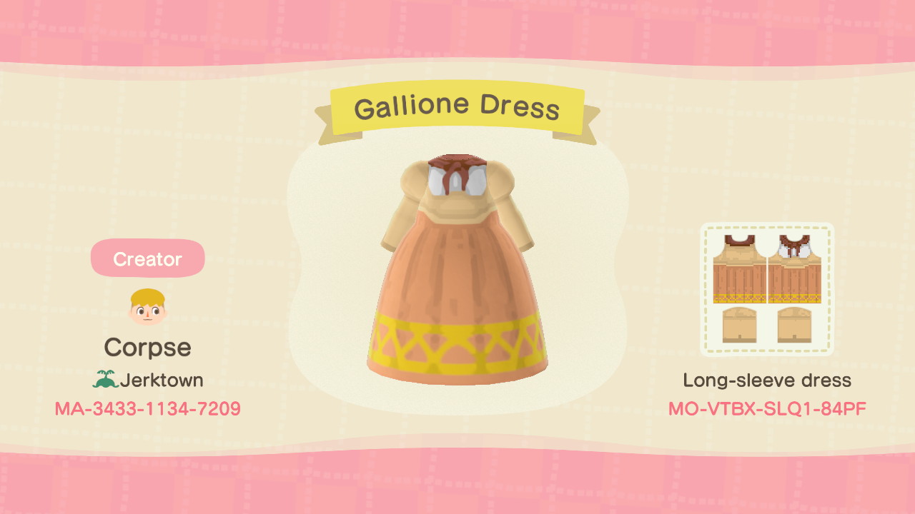 An outfit for Alma Beoulve. It is titled 'Gallione Dress.'