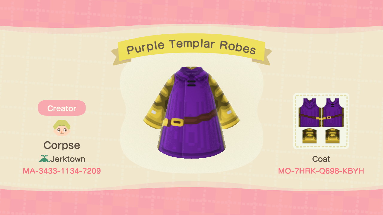 An outfit for Vormav Tingel. It is titled 'Purple Templar Robes.'