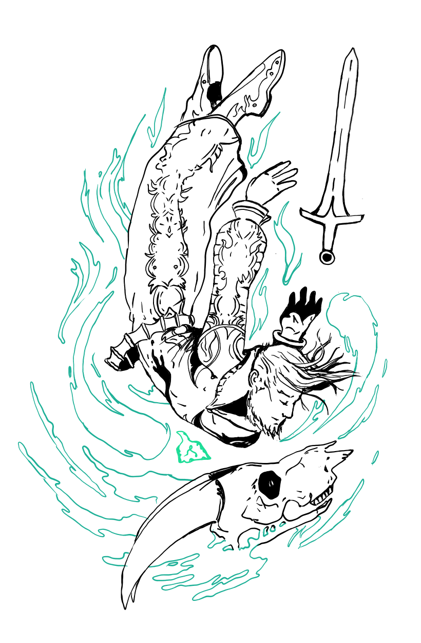 Line art of Dycedarg Beoulve falling downward in space. His eyes are closed, and blue spirals of fire surround him. Beneath him is the skull of a giant goat. The Capricorn stone hovers in the space between him and the object.
