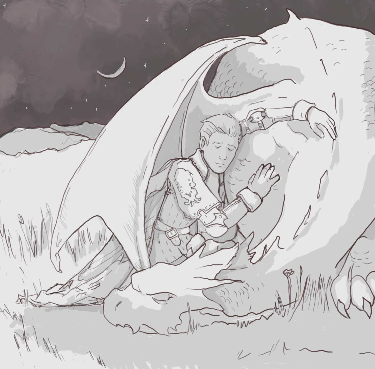 It is night. Beowulf Cadmus leans against the sleeping dragon form of Reis Duelar, his hands and face close against her skin. His eyes are closed, and he smiles very slightly.
