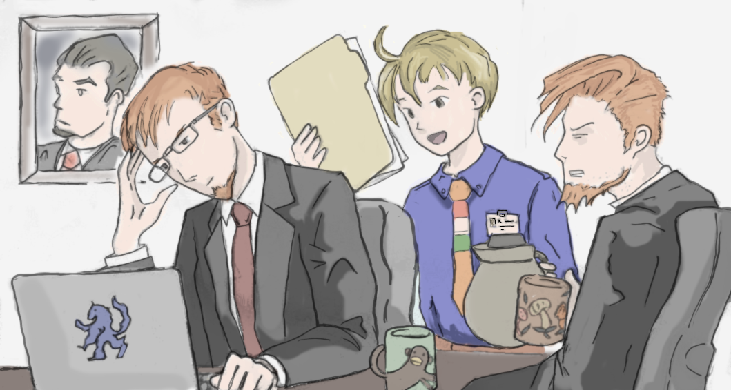 The three Beoulve brothers in modern dress, all wearing attire suitable for professional work. Dycedarg looks exhausted and drinks coffee out of a mug with a mushroom pattern on it. Zalbag looks at a computer screen with a mug decorated with a monkey nearby. Ramza cheerfully approaches with paperwork and a coffee pot.