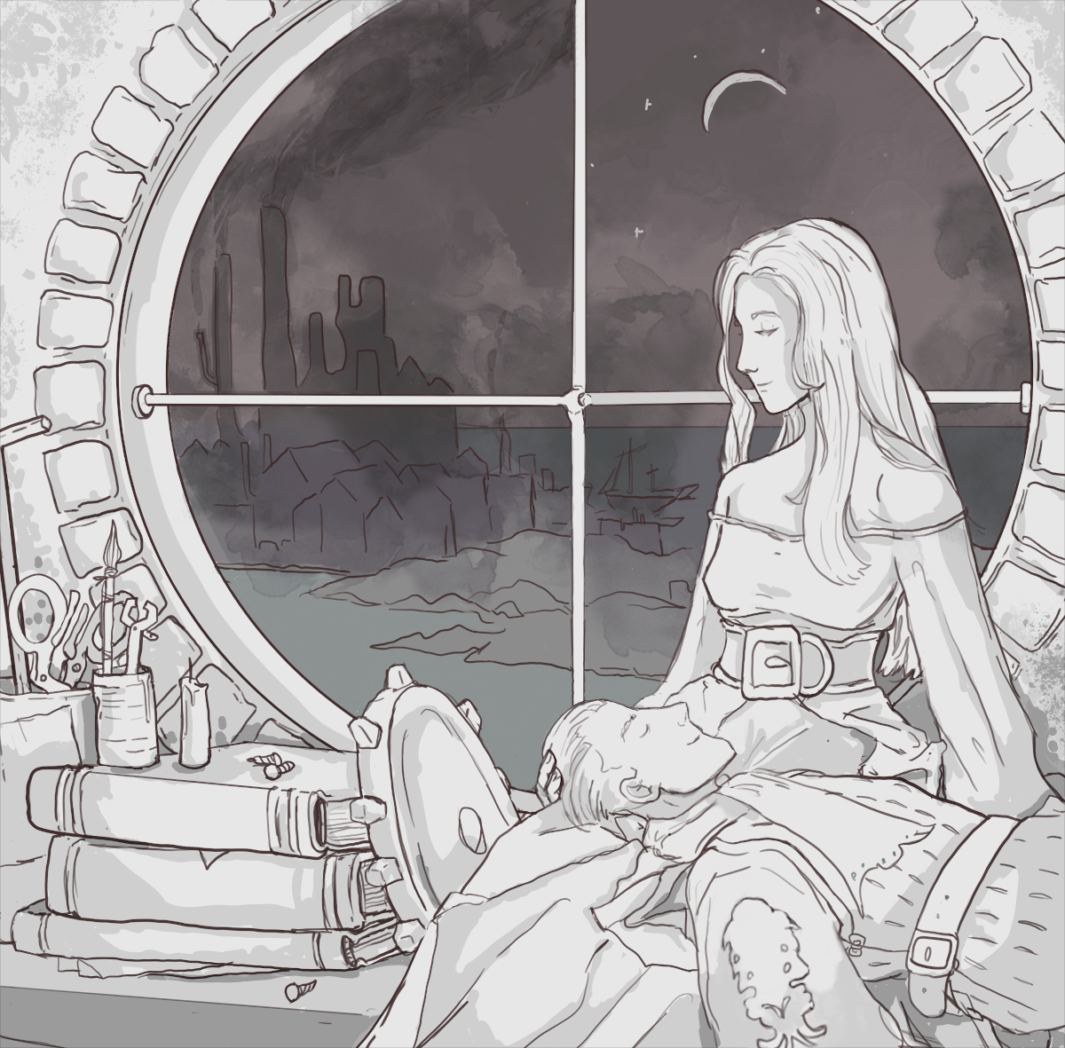 It is night. Beowulf Cadmus sleeps in the lap of Reis Duelar, now a human being once more. They are situated in front of a large round window and surrounded by books and machinists' equipment. Reis smiles as her head is framed against the backdrop of Goug's buildings and factories.