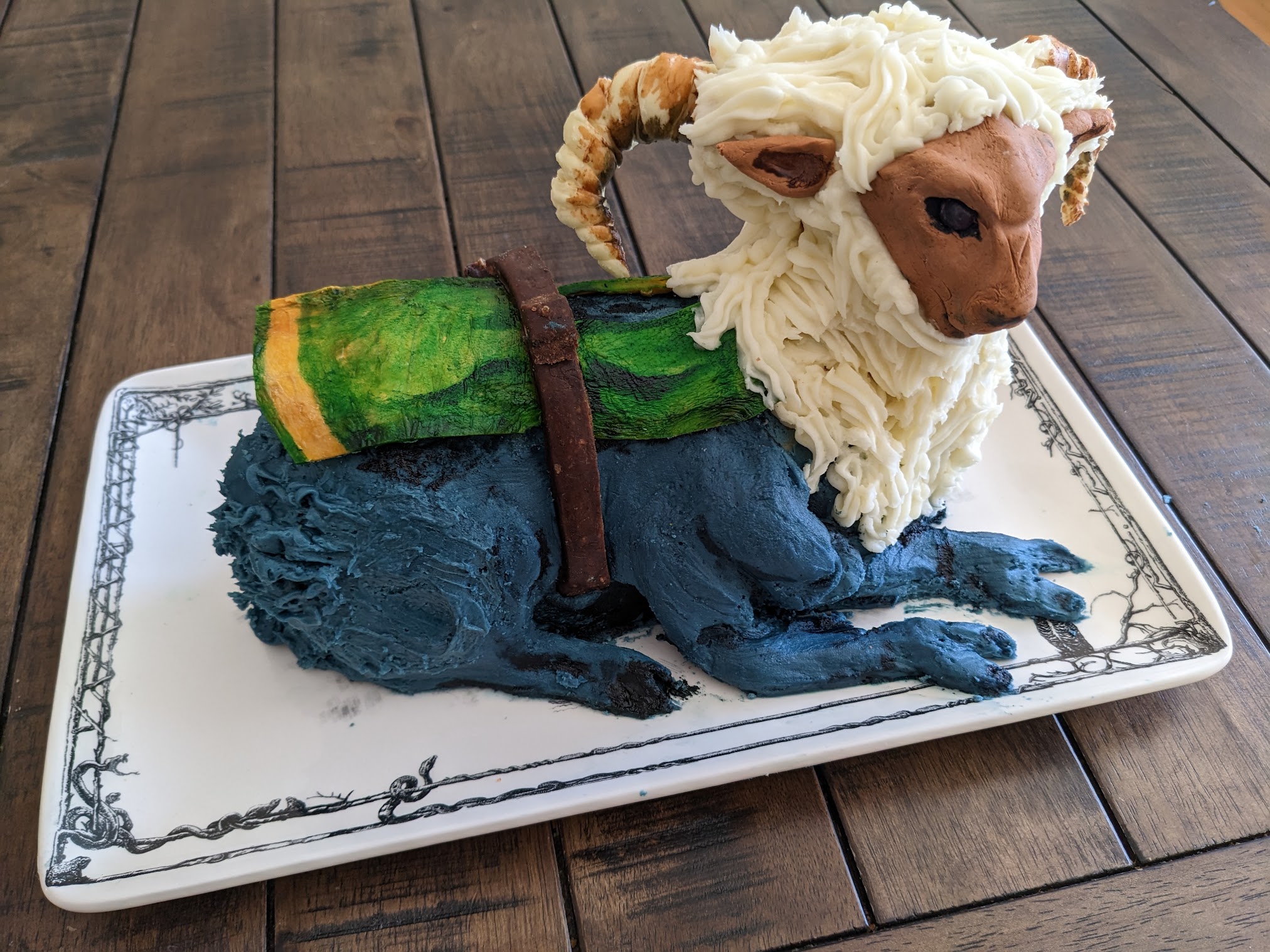 A cake in the shape of Belias, rather obviously baked in an easter lamb cake pan.